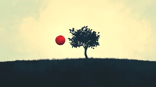 Minimalist lone tree with floating red sphere silhouette scene.