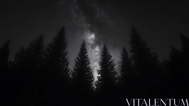 Conifer forest silhouettes beneath dense star field at night.