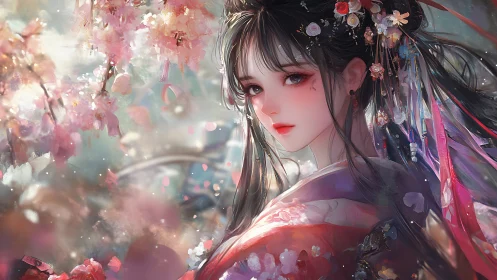 Woman in ornate floral kimono stands among blooming branches