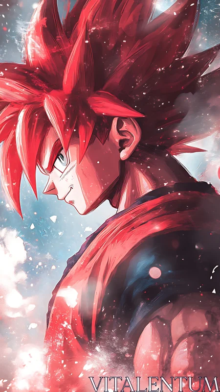 Fiery anime warrior profile with dynamic red energy burst.