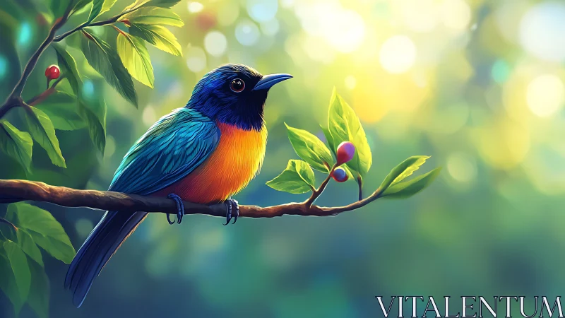 Vibrant Songbird on Branch in Sunlit Forest, Digital Art Style.