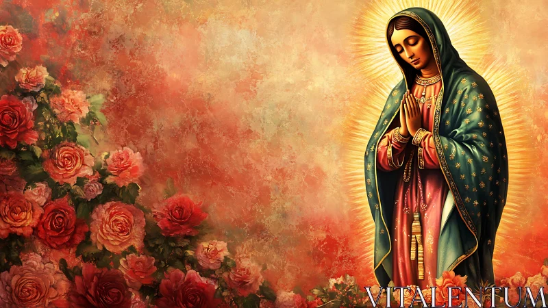 Praying Madonna stands radiant amid glowing rose garden