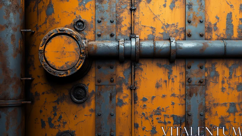 Rusty industrial pipe assembly crosses worn orange panel