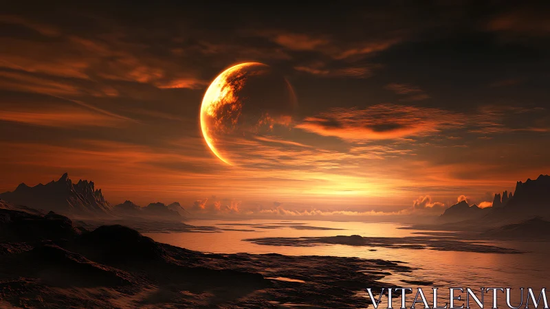 Alien coastal landscape under large eclipsed planet.