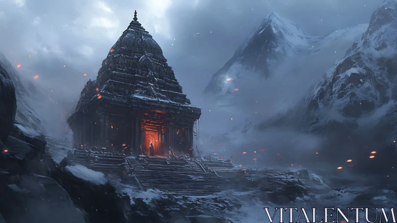 Solitary mystic at a snowbound mountain temple glows in flame