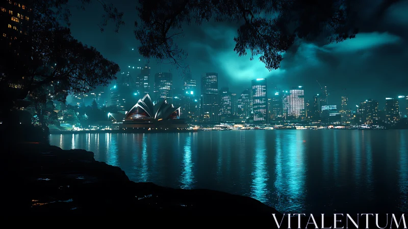 Midnight harbor paints Sydney in electric teal reflections