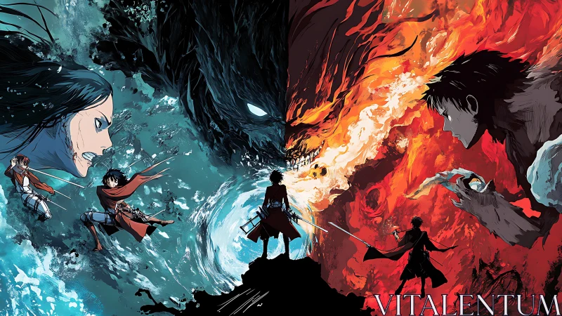 Elemental anime duel splits blue ocean and red firestorm.