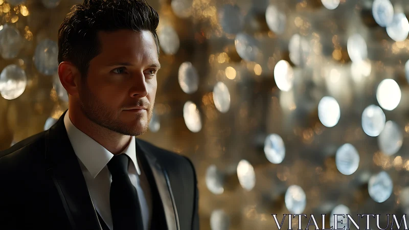 Man in formal suit against warm bokeh lights background.