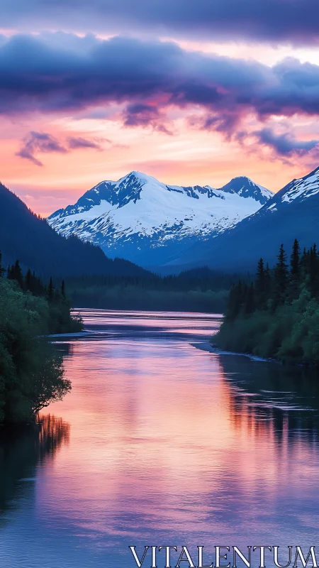 Snowy mountain range reflects in calm pink sunset river