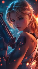 Armed blonde warrior holds SMG amid glowing embers