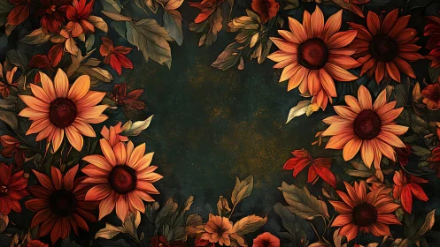 Autumn Sunflowers and Red Blooms on Dark Textured Background