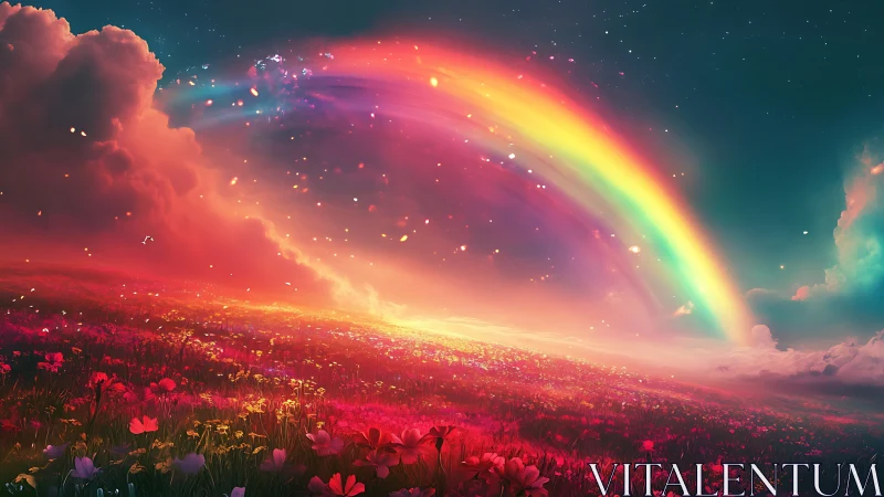 Rainbow arc extends over illuminated flower field at dusk