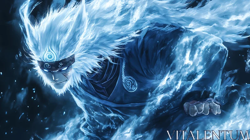Fierce ice warrior surges forward wrapped in flowing power