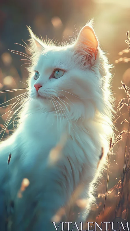 White Feline Portrait with Backlighting and Atmospheric Bokeh Effects