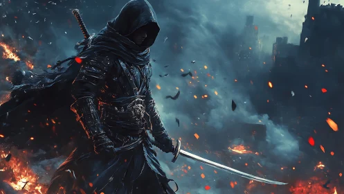 Hooded warrior strolling through embers in a stormy ruin.