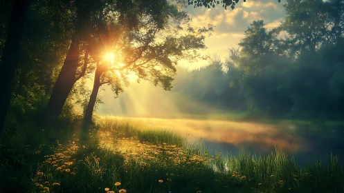 Serene forest sunrise with glowing mist over calm river, dreamy style.