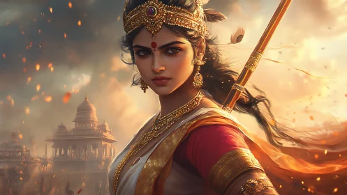 Warrior queen in blazing temple skyline, cinematic focus.