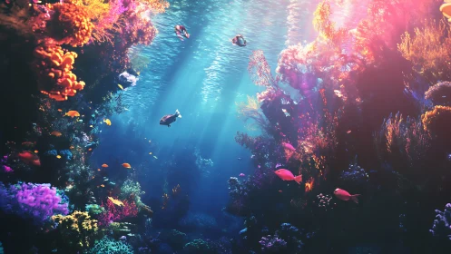 Vibrant tropical coral reef with dappled caustic sunlight beams