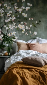 Serene bedroom sanctuary pairs floral mural with warm linens