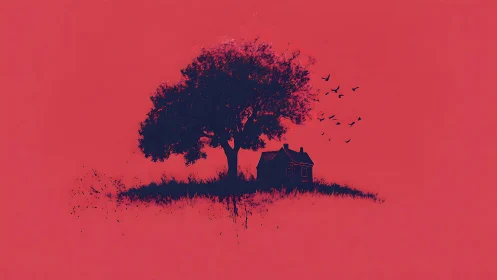 Midnight tree cradles a lonely cottage on crimson silence