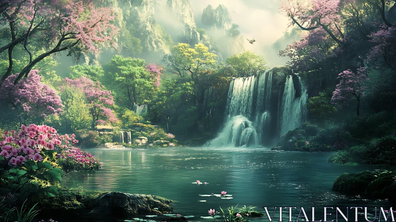 Layered waterfalls animate a misty, high-saturation fantasy valley
