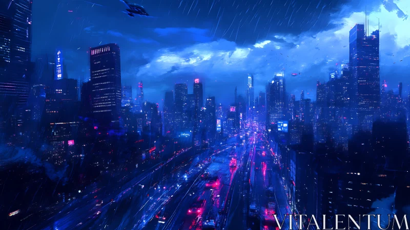 Neon soaked futuristic city skyline in heavy night rain.