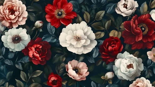 Dense layered floral arrangement with peonies, roses, and anemones on dark background