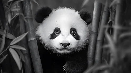 Close black and white portrait of a panda among bamboo.