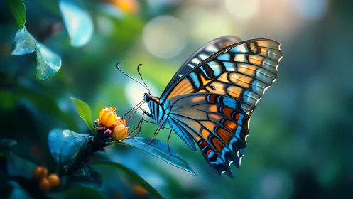 Iridescent butterfly on flowers in soft garden light.