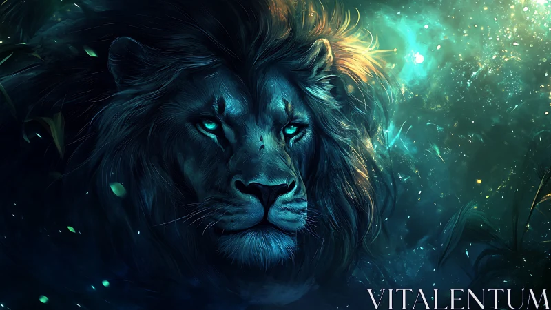 Bioluminescent lion portrait in abstract nocturnal scene.