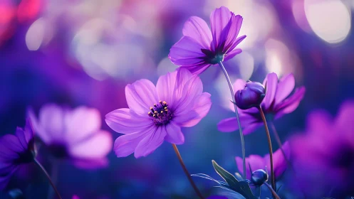 Violet Cosmos Dances—Luminous Petals Against Ethereal Gradients