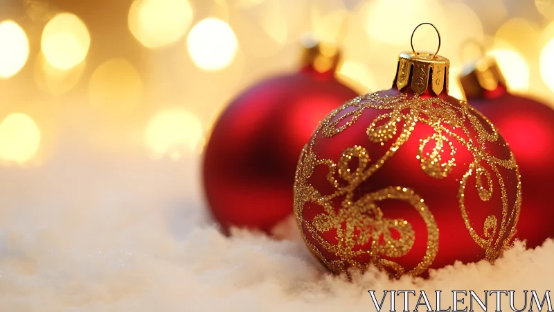 Red glass Christmas ornaments with golden bokeh backdrop.