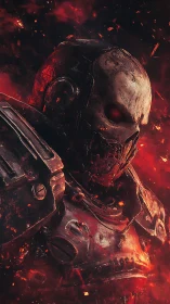 Armored skull-faced warrior stands in burning red embers