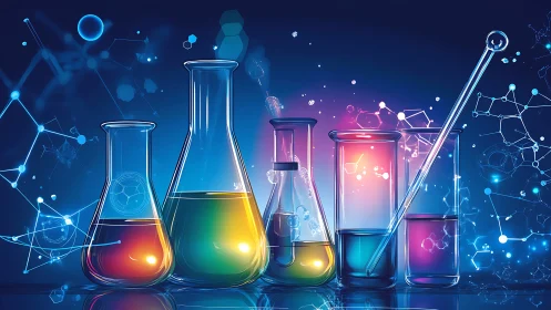 Chromatic laboratory glassware animates molecular science tableau