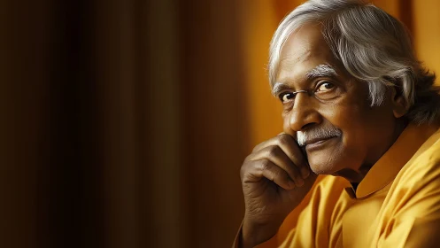 Elderly man in golden light with thoughtful side gaze portrait.