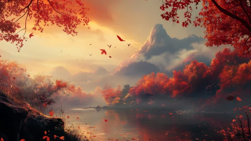 Autumn mountains glow over a tranquil misty river at dusk.