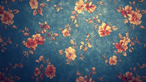 Vintage floral pattern shows orange flowers on blue background