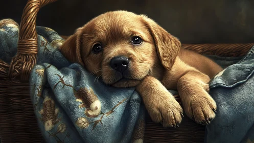 Golden puppy resting in woven basket with patterned cloth.
