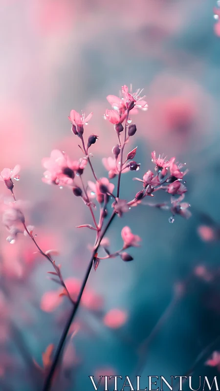 Delicate Pink Flowers with Water Droplets Against Blurred Blue Backdrop