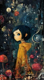 Curious blue haired girl explores a dreamlike forest night