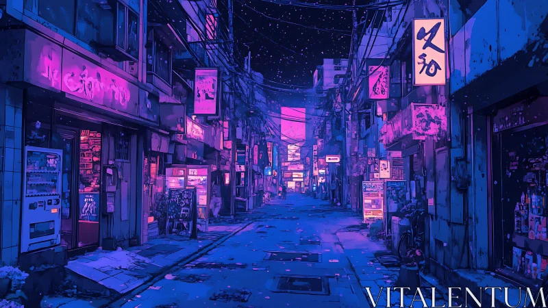Neon lit urban alley at night in stylized blue and pink.