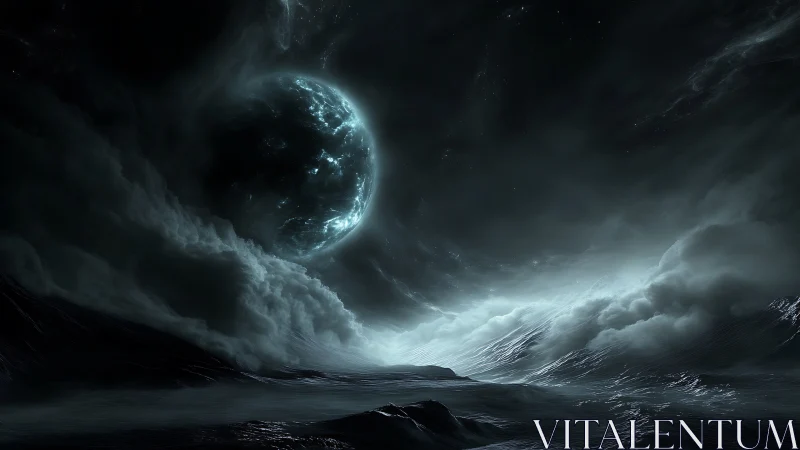 Astrodynamic tidal stormscape beneath fractured exoplanet.