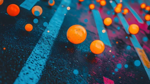 Vibrant Orange Spheres on Abstract Street Background, Digital Art.
