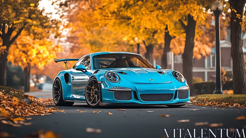 Electric blue sports car glows against a golden autumn street