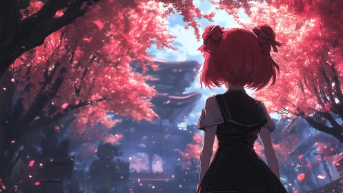 Girl with red hair stands under vivid cherry blossoms.