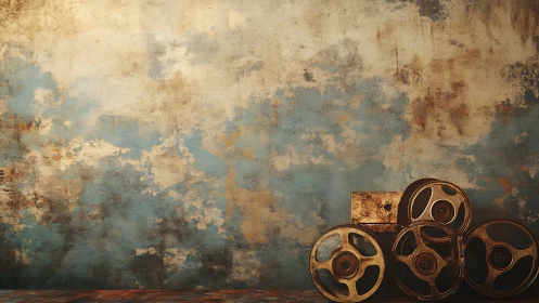 Vintage film reels rest against a weathered blue studio wall