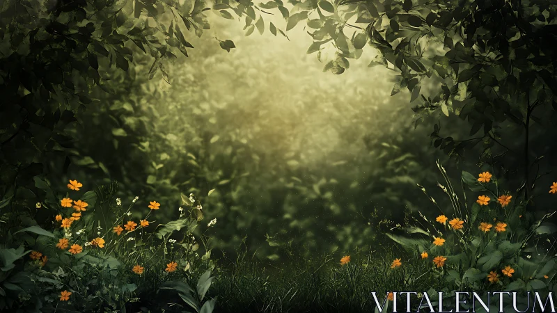 Sunlit hush where orange wildflowers guard the greenway.