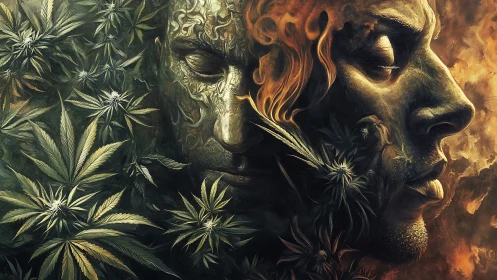 Soulful faces in leaves and flame sharing one quiet breath.