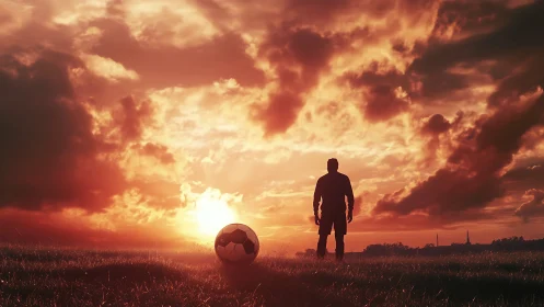 Solitary soccer dreamer framed by a blazing sunset sky.
