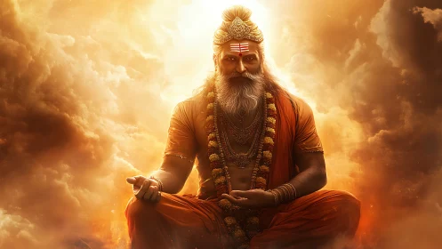 Seated elderly figure in orange robes amid dense glowing clouds.